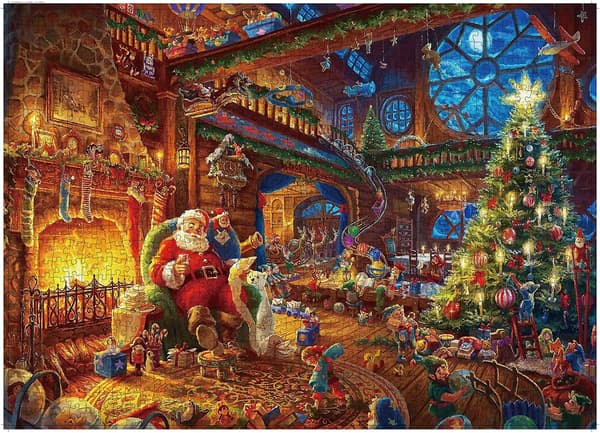 Det färdiga julpusslet med tomte och julgran