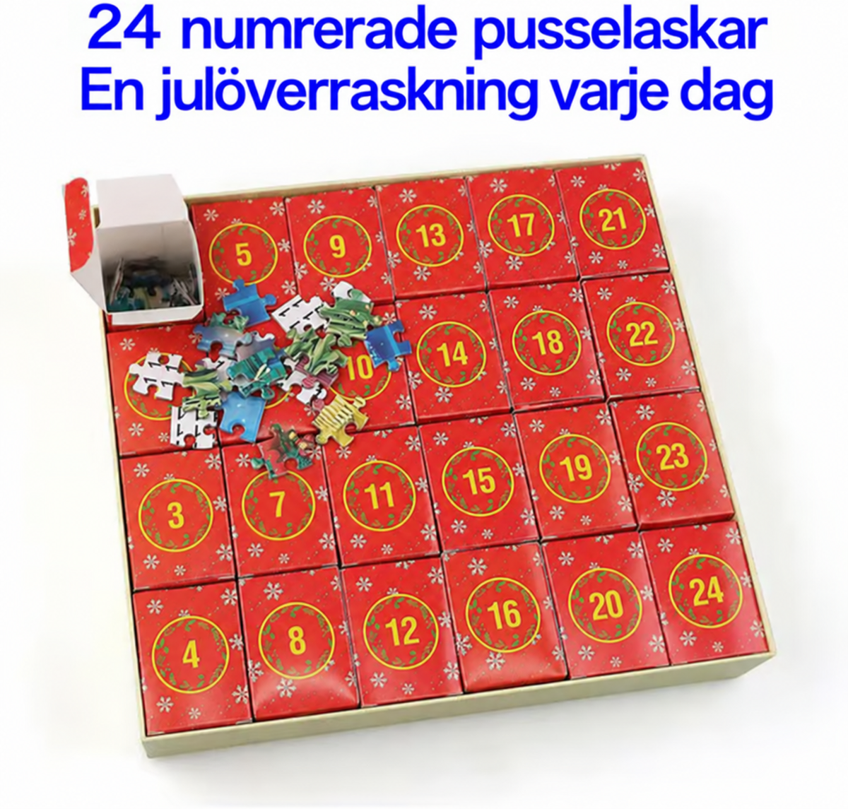 24 numrerade pusselaskar – en julöverraskning varje dag