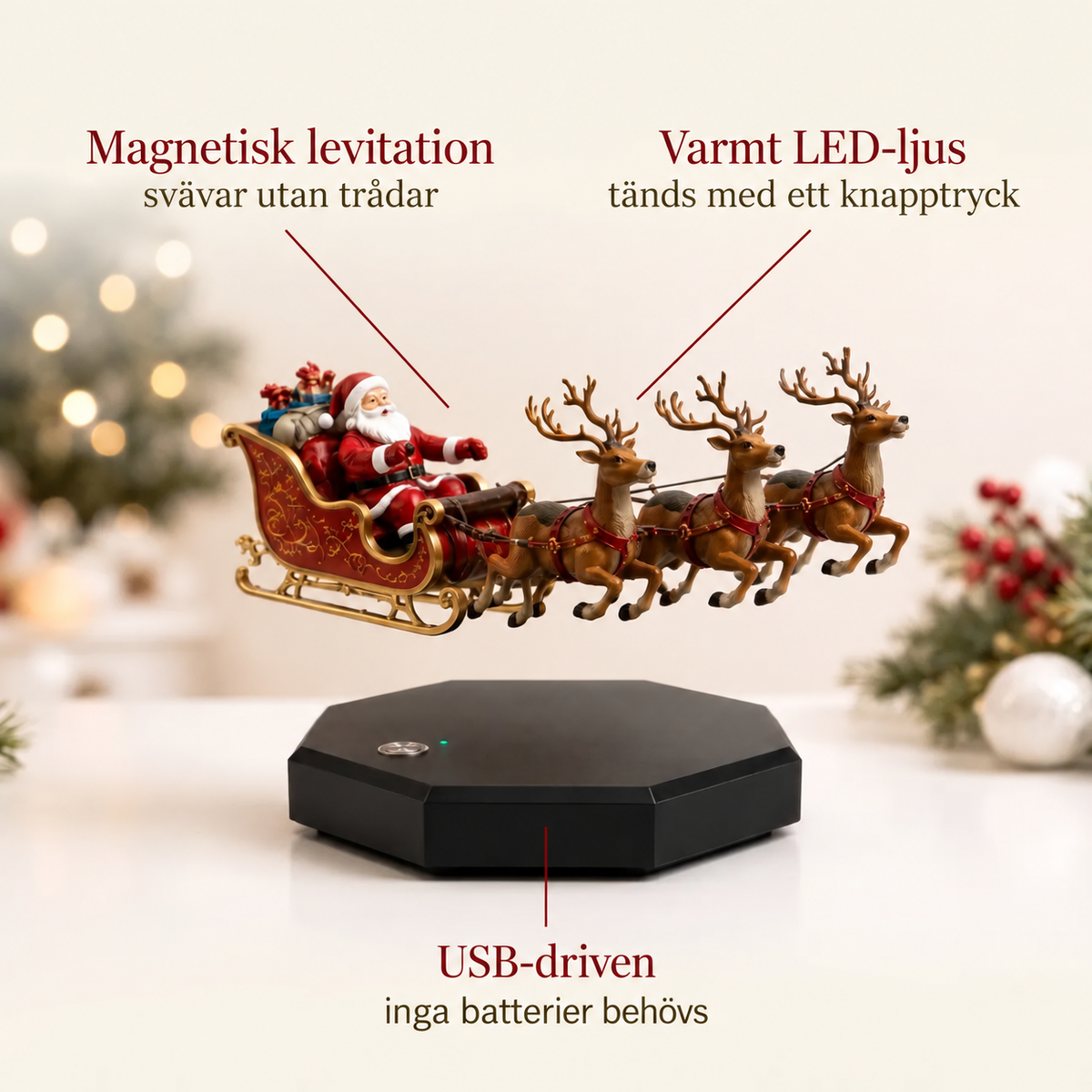 Magnetisk levitation, LED-ljus och USB – enligt leverantörens bildinformation