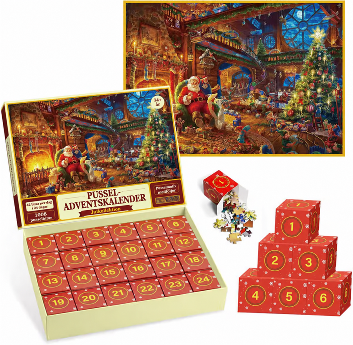 Pussel-adventskalender med svenska bildtexter, 1008 bitar och 24 askar